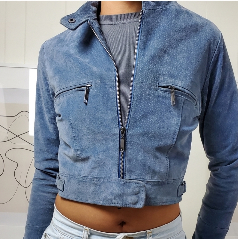 Suede moto cropped jacket, gray-blue